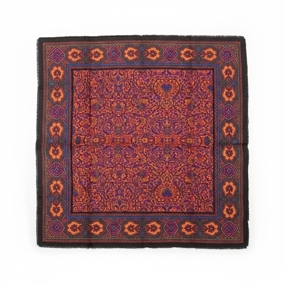 Vintage Paisley Medallion Square Scarf Orange Purple Blue Eyelash Fringe 30x30